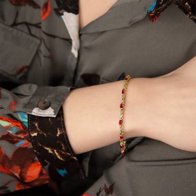 750/1000 Yellow Gold & Garnet and Diamond Bracelet, Length 19 cm - Aurora