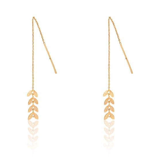 Boucles D'oreilles Pendantes Chaîne Traversante - Motif Feuilles De Laurier En Plaqué Or 18 Carats