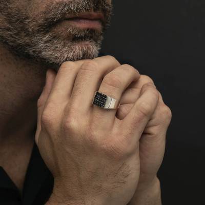 Chevalière zircons noirs & argent - Orus Bijoux