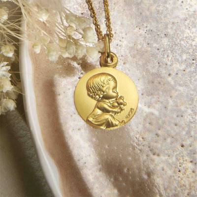 Médaille Bébé au Doudou, Or Jaune 750, Diamètre 14 mm - Augis