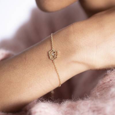 Bracelet Rose Perlée, Plaqué Or Jaune et Diamant 0.015 ct,16 à 19 cm - La Garçonne Diamant