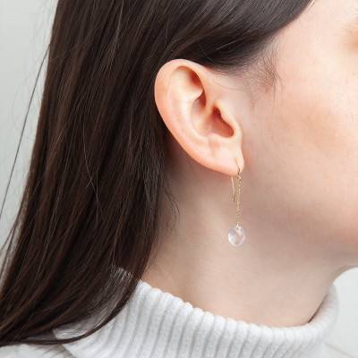 Boucles d'oreilles pendantes, quartz rose ovale & chaîne Or Jaune 750 - Les Valentines