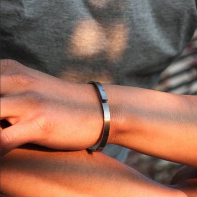 Ursul Saturne 5 Matte Rhodium-Plated 925 Silver Bangle, Length 14.5 cm to 18.5 cm, Width 5 mm - Ursul