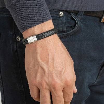 Lotus Style Men Basic Black Leather Steel Bracelet, Length 19 cm - LS1518-2/2 - Lotus