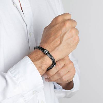 Lotus Style Urban Man Black Leather Steel Bracelet 23 cm - LS1829-2/4 - Lotus