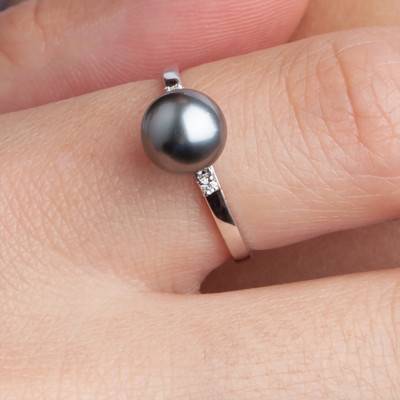 750 White Gold & Diamond 0,02 ct and Tahitian Pearl Ring - Négoce-îles