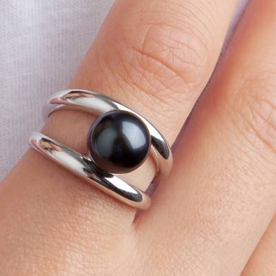 925 Silver & Tahitian Pearl Double Ring - Négoce-îles