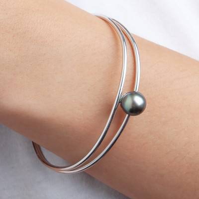 Rigid Silver & Tahitian Pearl Bracelet 9/10 mm, Length 17 cm, Width 2 cm - Négoce-îles