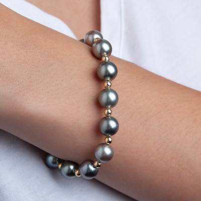 750 Yellow Gold & Round Tahitian Pearl Bracelet 8/10 mm, Length 18,5 cm - Négoce-îles