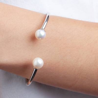 925/1000 Silver & 9/10 mm Freshwater Pearl Open Bangle, Length 16 cm to 17 cm, Width 3 mm - Négoce-îles