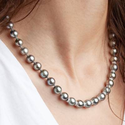 Collier Perles De Tahiti 8/10 mm en Or Blanc 750, Longueur de 42 à 45 cm - Négoce-îles
