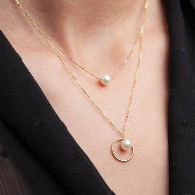 375/1000 Yellow Gold Double Chain & Cultured Pearl Necklace, Length 40 cm to 48 cm - Emanessence