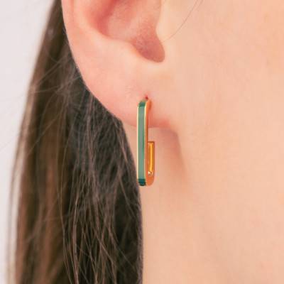 Fine Gold-Plated Silver & Green Enamel J-Hoop Earrings - Emanessence