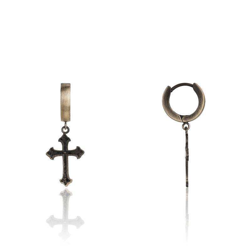 Boucles D'oreilles Créoles Croix Acier Inox - Style Biker Unisexe, Mat Et Or/argent