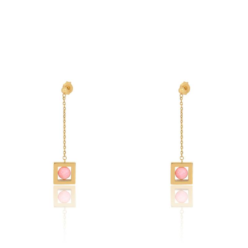 Boucles D'oreilles Anciennes En Véritable Corail Rose, Or Rose Et Argent Massif - Style Pendantes Dormeuses