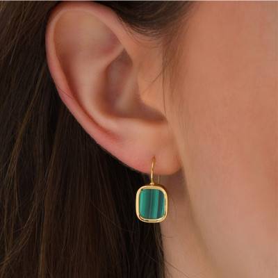 Mykonos Yellow Gold-Plated & Malachite Leverback Earrings - Skalli