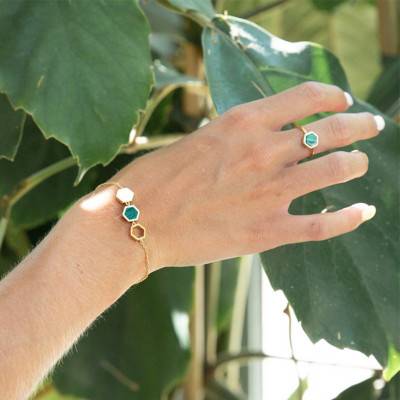 Yellow Gold-Plated & Malachite Honey Bracelet, Adjustable Length 18 cm - Skalli