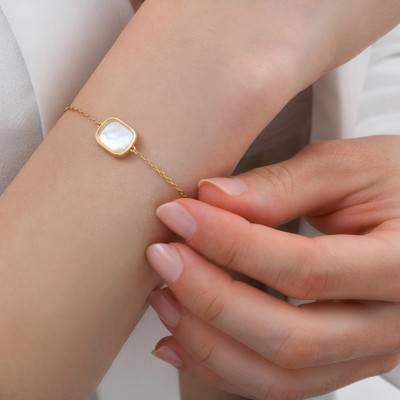 Mykonos Yellow Gold-Plated & Mother-of-Pearl Bracelet, Adjustable Length 18 cm - Skalli