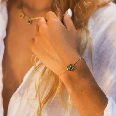 Gold-Plated Yellow Gold & Malachite Balancelle Bracelet, Adjustable Length 18 cm - Skalli
