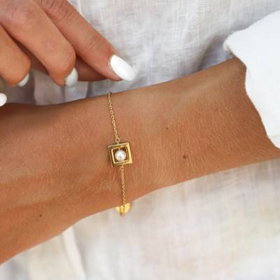 Gold-Plated Yellow Gold & Freshwater Pearl Balancelle Bracelet, Adjustable Length 18 cm, Width 1 mm - Skalli