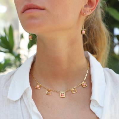 Gold-Plated Pink Coral Balancelle Necklace, Adjustable Length 45 cm - Skalli