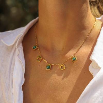 Gold-Plated Yellow Gold & Malachite Balancelle Necklace, Adjustable Length 45 cm - Skalli