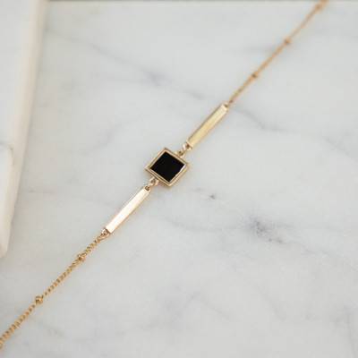 Yellow Gold-Plated & Onyx Bohemian Bracelet, Adjustable Length 18 cm - Skalli