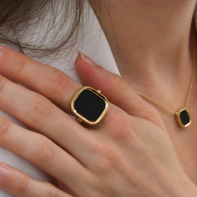 Yellow Gold-Plated Black Onyx Mykonos Ring - Skalli