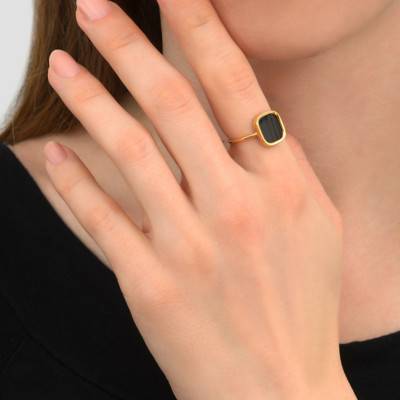 Yellow Gold-Plated Black Onyx Mykonos Small Ring - Skalli