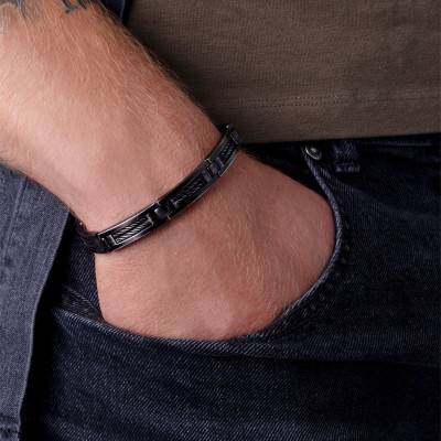 Bracelet Sohan Acier, PVD Noir & Câbles Noirs, Longueur de 19,5 à 21 cm - Phebus