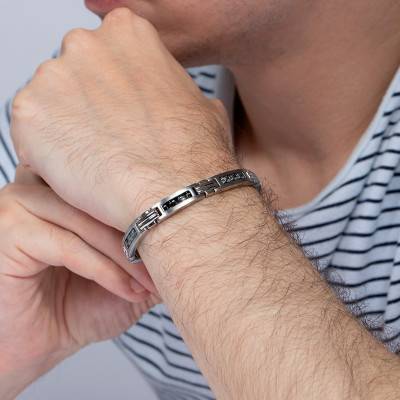 Clovis Steel & Black Carbon Bracelet, 19 cm to 20.5 cm - Phebus