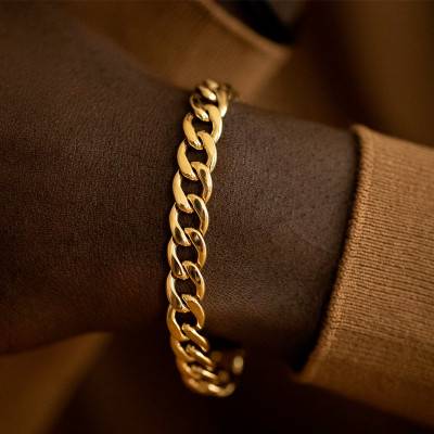 Gold Steel Curb Chain Bracelet Hazou, Length 19.5 cm, Width 9 mm - Phebus