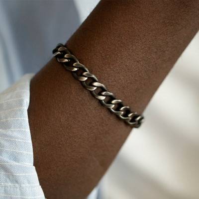 Black Steel Curb Chain Bracelet Hazou, Length 19.5 cm, Width 9 mm - Phebus