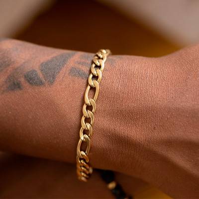 Gold-Tone Steel Triple Alternating Oval Link Chain Elio Bracelet, Length 21 cm, Width 6 mm - Phebus