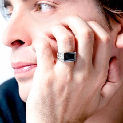 Alban Steel & Black Ceramic Signet Ring - Phebus