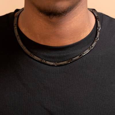 Black Steel & Carbon Adjustable Chain Necklace 50 cm to 51 cm - Phebus
