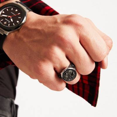 925 Rhodium-Plated Silver Black Spinels Gotik Greek Cross Signet Ring - 925 EXA150 - Zancan