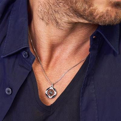 925/1000 Silver & Black Spinel Insignia Compass Rose Necklace, 50 cm - ESC008 - Zancan