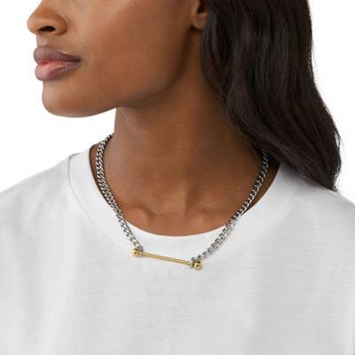 Bicolor Steel Bar Curb Chain Necklace, 50 cm - DX1409931 - Diesel