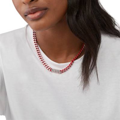 Collier Ras du Cou Maille Gourmette Rouge en Acier, Longueur de 45 à 50 cm - DX1416040 - Diesel