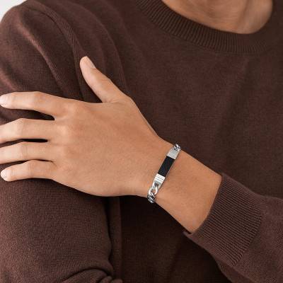 Stainless Steel Curb Chain Bracelet with Textured Plate, Length 20.5 cm, Width 4.20 cm - Fossil
