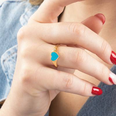 Chevalière Coeur Turquoise & Diamant en Or Jaune 750 - Aurora