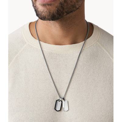 Chevron Silver Box Chain Dog Tag Steel Necklace, 61 cm to 66 cm - Fossil