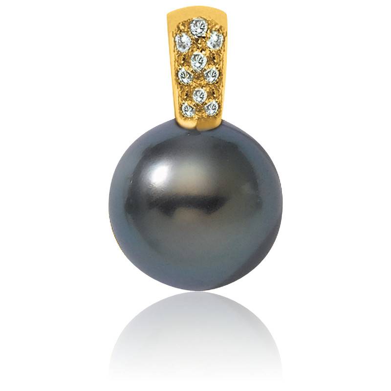 750/1000 Yellow Gold & Round 10/11 mm Tahitian Pearl and Diamond Pendant - Négoce-îles