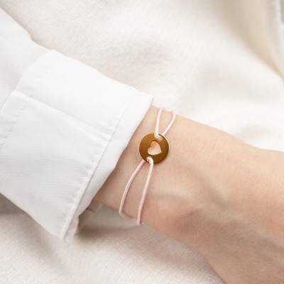 Bracelet Cordon Rose & Médaillon Coeur Ajouré, Or Jaune 375, Longueur 10,5 cm ajustable, Largeur 1,00 mm - Bambins