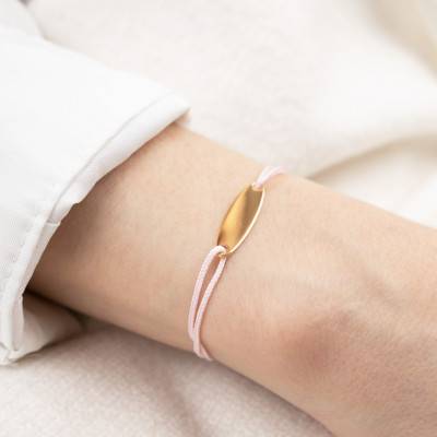 9K Yellow Gold 375/1000 Pink Cord Bracelet with Oval Plate, Length 10.5 cm, Width 1 mm - Bambins