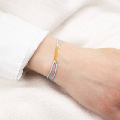 9K Yellow Gold 375/1000 Blue Cord Bracelet with Rectangular Plate, Adjustable Length 10.50 cm, Width 1 mm - Bambins