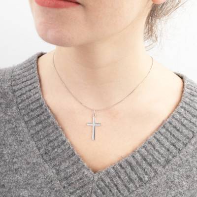 925 Rhodium-Plated Silver Polished Cross Pendant, 30 x 18 mm - Emanessence