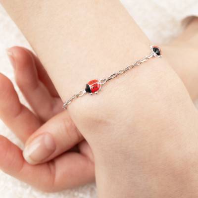 925 Silver Cable Chain & Ladybug Bracelet, Length 14 cm to 17 cm, Width 1 mm - Bambins