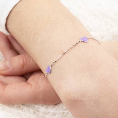 Bracelet Maille Forçat et Coeurs Violets Laqués en Argent 925, Longueur 14 à 17 cm, Largeur 0,60 mm - Bambins